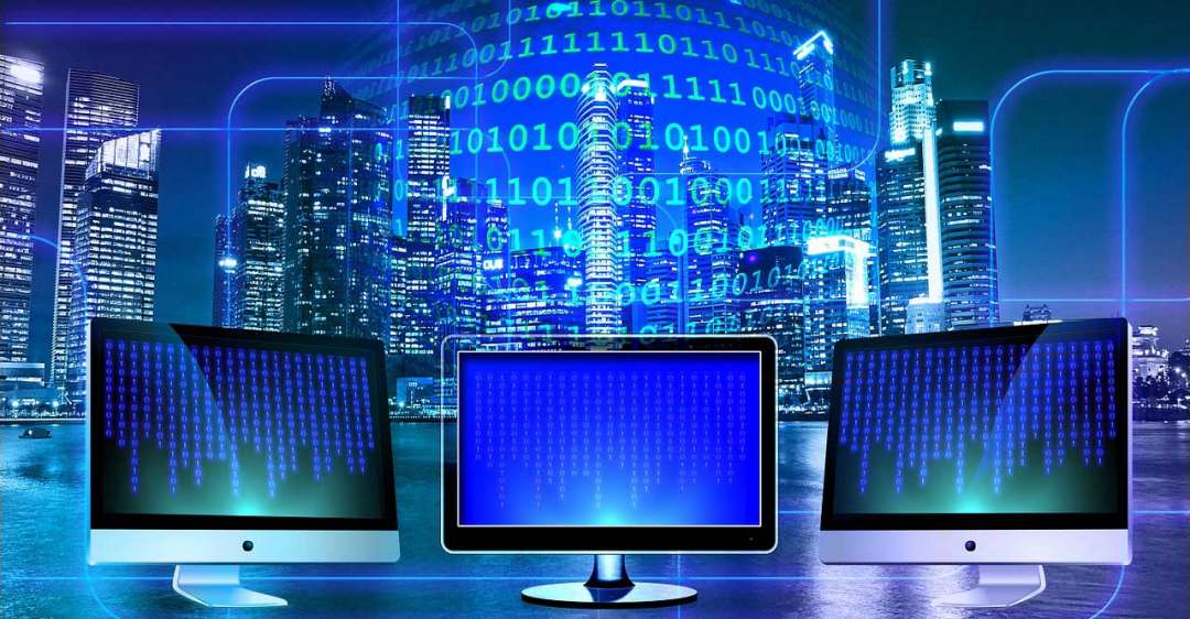 Three blue monitors.