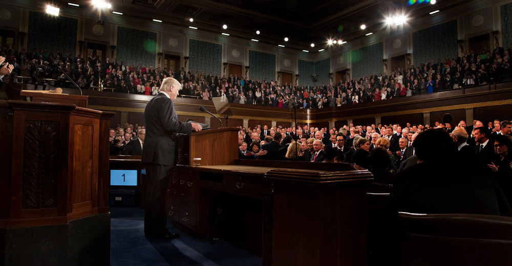 President Donald Trump delivers an address to a joint session of Congress on Tuesday, February 28, 2017, at the U.S. Capitol. This is the President's first Address to Congress of his presidency.