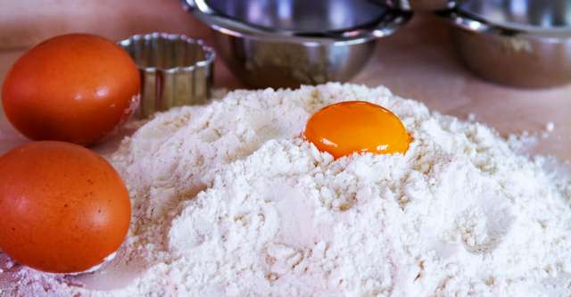 Baking with eggs and flour.