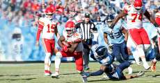 NASHVILLE, TN - NOVEMBER 10: Kansas City Chiefs running back Damien Williams (26) breaks free of Tennessee Titans free safety Kevin Byard (31) during a game between the Tennessee Titans and Kansas City Chiefs, November 10, 2019, at Nissan Stadium in Nashville, Tennessee. (Photo by Matthew Maxey/Icon Sportswire)
