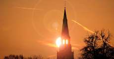 Church steeple at sunset.