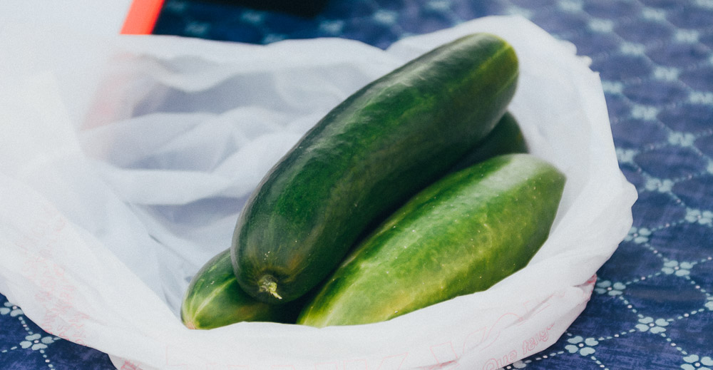 A bag of green cucumbers at Alton Missouri's farmers market.