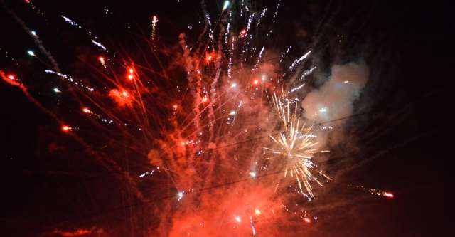 Bright, big, red fireworks shooting across the sky.