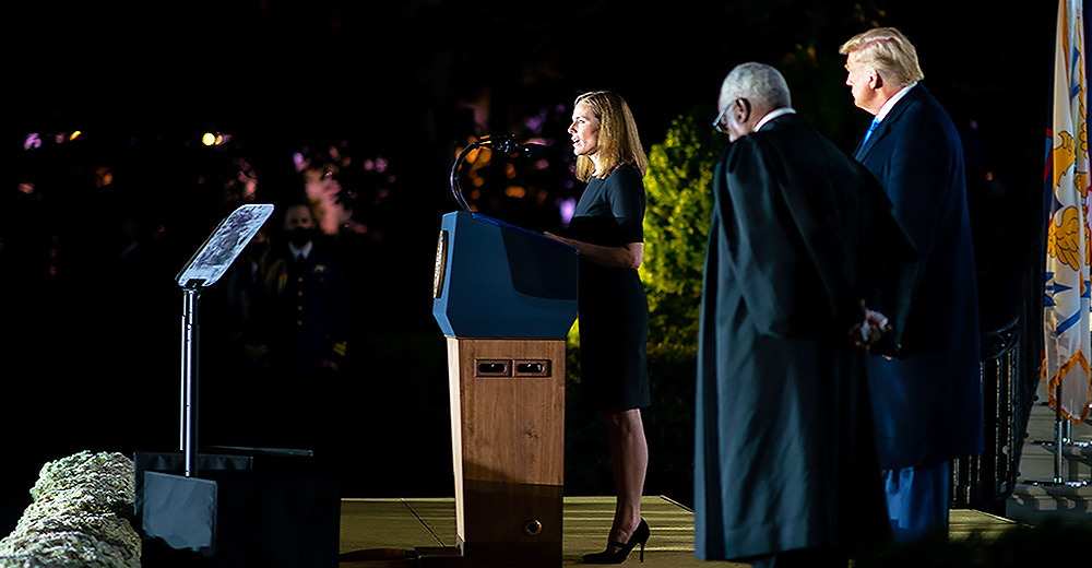 U.S. Supreme Court Associate Justice Amy Coney Barrett delivers remarks Monday, Oct. 26, 2020, during her swearing-in ceremony on the South Lawn of the White House.
