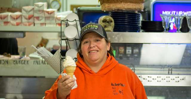 Loretta from Burger Palace with an ice cream cone