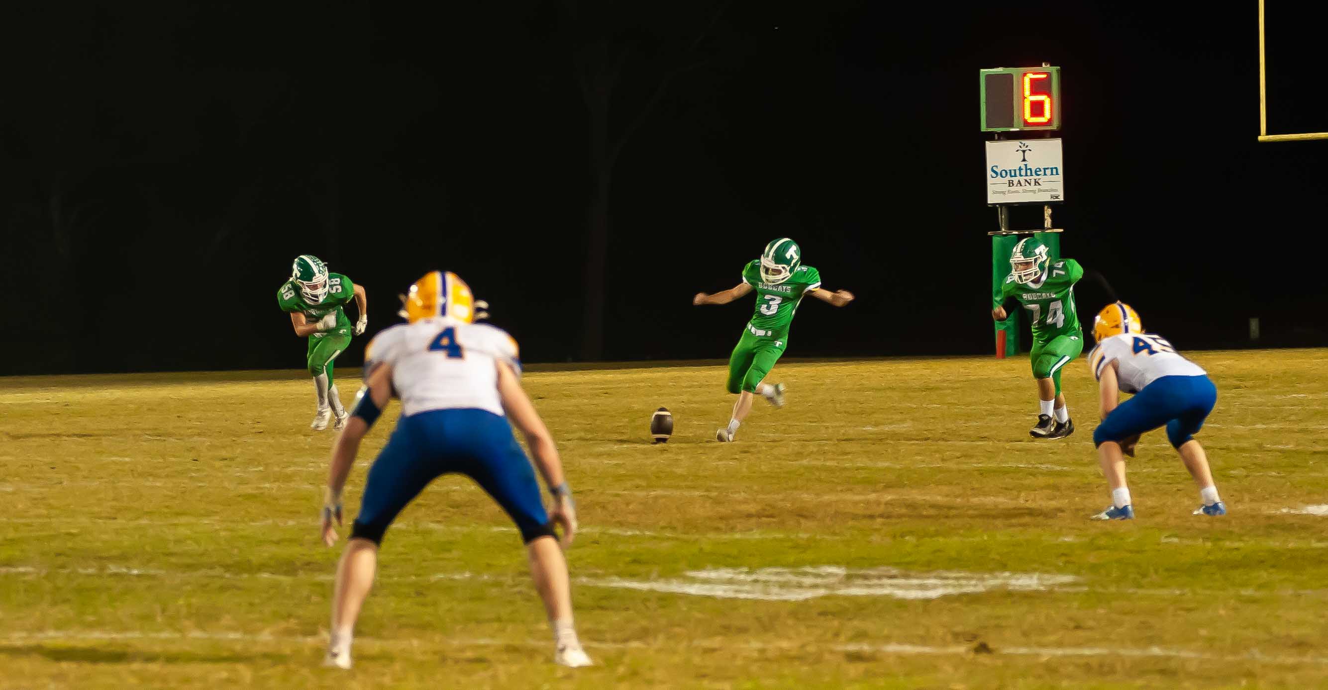 THAYER, MO - OCTOBER 9: Thayer Bobcats kicker Kale Willison (3) kicked the ball in a kickoff during the high school football game between the Ava Bears and the Thayer Bobcats on October 9, 2020, at the Thayer High School football field in Thayer, MO. (Photo by Curtis Thomas/AltonMo.com)