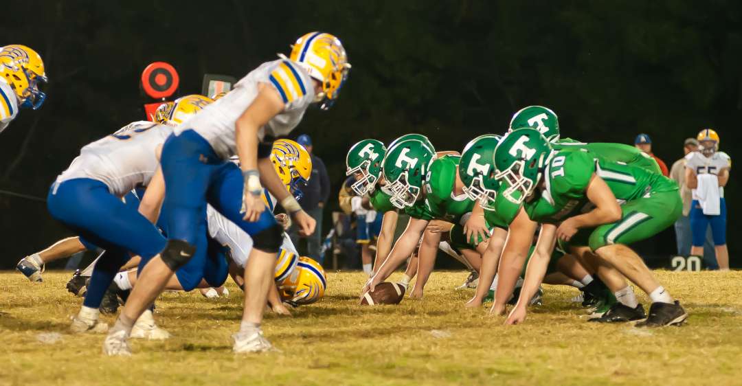 THAYER, MO - OCTOBER 9: Thayer Bobcats and Ava Bears get ready to play at the line of scrimmage during the high school football game between the Ava Bears and the Thayer Bobcats on October 9, 2020, at the Thayer High School football field in Thayer, MO. (Photo by Curtis Thomas/AltonMo.com)