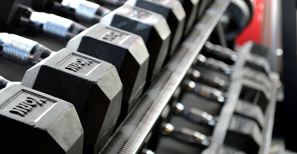 Weights on a rack.
