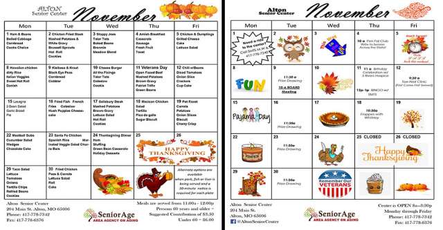 Alton, Missouri Senior Center activities and menu for November 2021