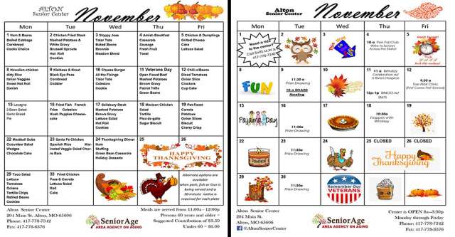 Alton, Missouri Senior Center activities and menu for November 2021