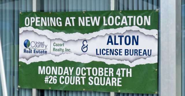 Alton License Bureau, now opening sign.