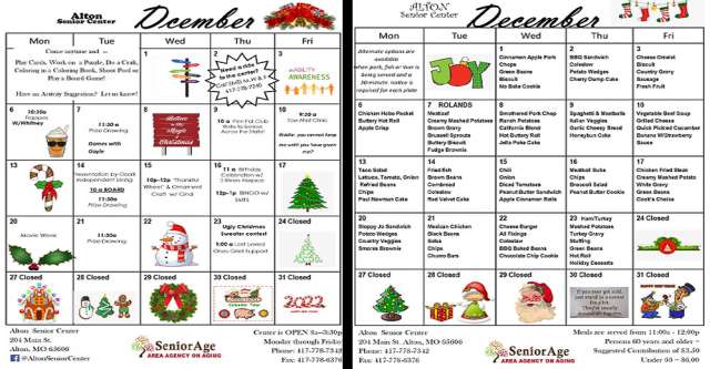 Senior Center Menu And Activities For December