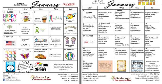Alton Senior Centers January Meals and Activities.