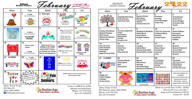 Alton, Missouri, Senior Center's activities and meals for February of 2022.