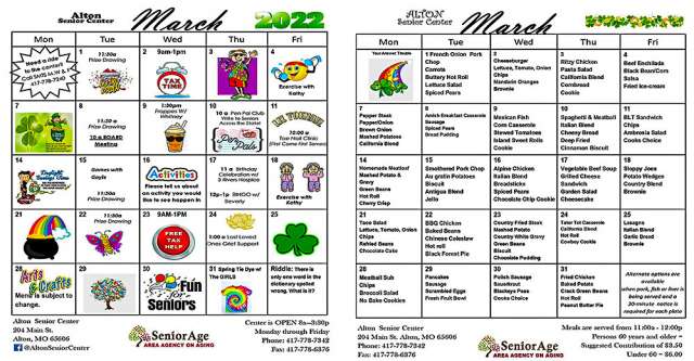 Alton Senior Center meal and activity plan for March.