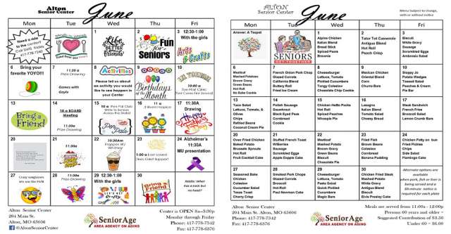 Alton Senior Center activities and food for June of 2022.