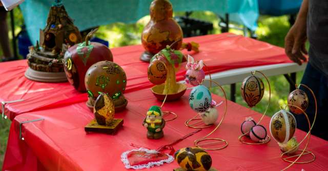 Decorative painted gourds on display at the Oregon County Farmer's Market on June 11, 2022.