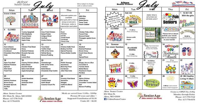 Alton Senior Center Activities and Menu for July