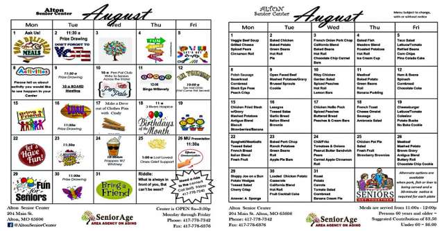 Alton Senior Center Activities and Menu for August