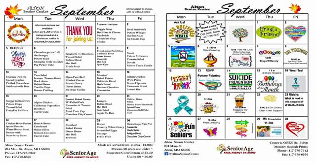 Alton, Missouri, Senior Center menu and activities for September of 2022