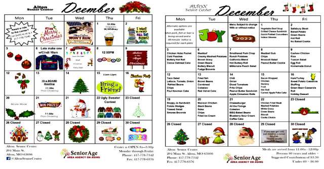 Alton Senior Center December 2022 activities and menu.