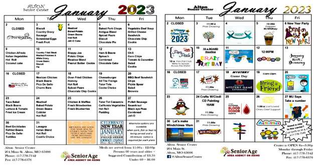 Alton Senior Center meals and activities for January 2023.