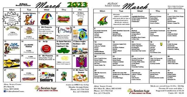Alton Senior Center's meals and activities for March 2023.