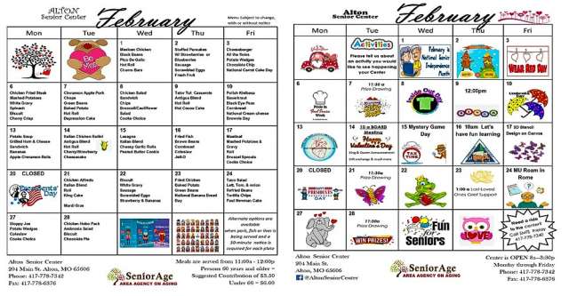 Alton Senior Center's meals and activities for February of 2023.