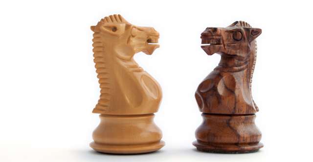 Two chess knights facing each other