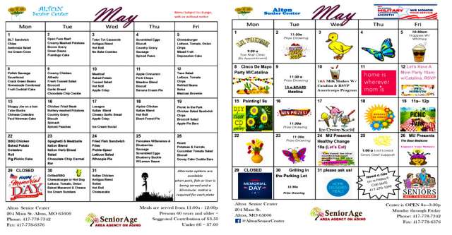 Alton Senior Center meals and activities for May of 2023.