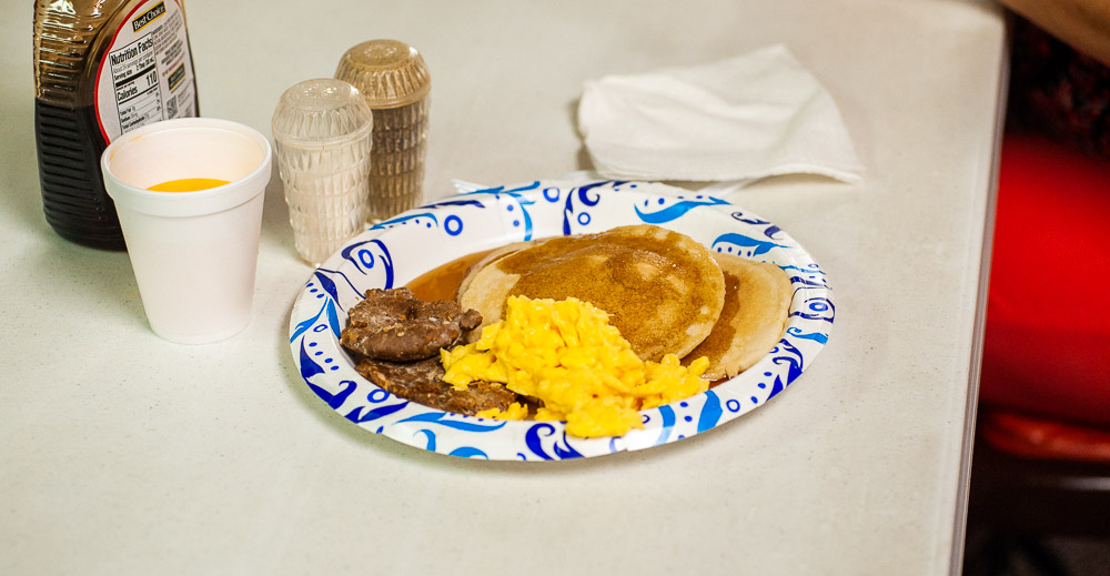 A plate of pancakes, sausages, and eggs waiting to be eaten at the Myrtle Yester-Daze event on September 30, 2023.