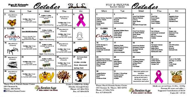 Thayer Senior Center meals and activities for October 2023