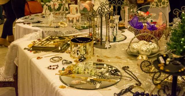 Necklaces, bracelets, and earrings laid out on a table at the Thomasville Christmas Bazaar on November 10, 2023.