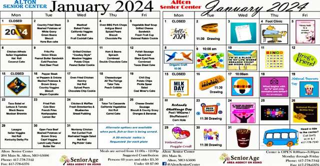 Alton Senior Center meals and activities for January of 2024
