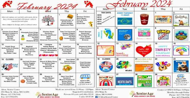 Alton Senior Center meals and activities for February 2024.