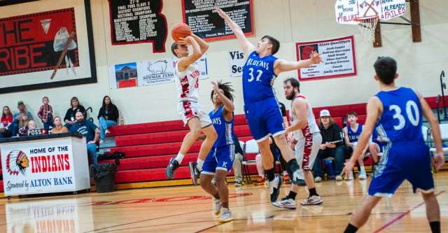 COUCH, MO – FEBRUARY 20: Couch Indian Dylan Larsen (3) goes for the two-pointer during the high school basketball game between the Couch Indians and the Koshkonong Blue Jays on February 20, 2024, at the Couch High School Gym in Couch, Missouri. (Photo by Amanda Thomas/AltonMo.com)