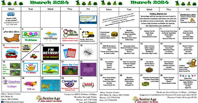 Alton Senior Center meals and activities for March 2024
