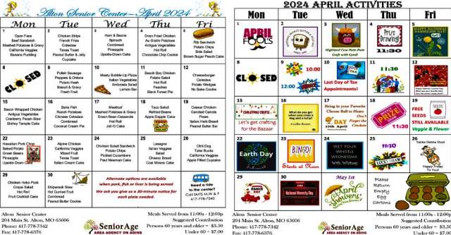 Alton Senior Center meals and activities for April 2024.