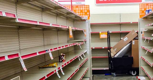 Shelves completely empty at the Alton, Missouri, Family Dollar/Dollar Tree.