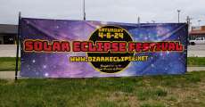 Solar eclipse festival banner in Thayer, Missouri.
