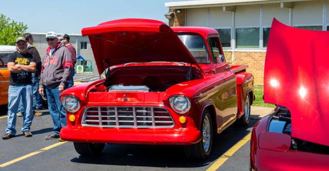 A bright red classic pick-up truck at the Thayer Solar Eclipse Cruise-In on April 6, 2024.