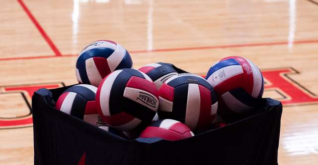 Volleyballs piled up in a bin.