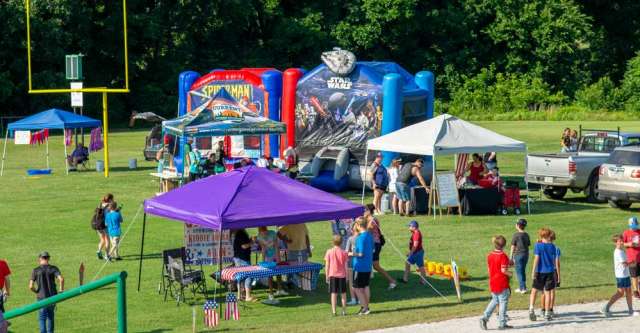 Bouncy houses set up for the kids at the 4th of July celebration.
