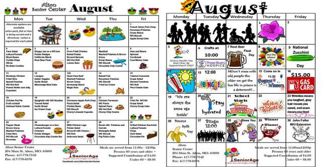 Alton Senior Center meals and activities for August 2025.