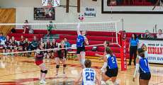 COUCH, MO – SEPTEMBER 8: Koshkonong Blue Jays player hits the ball to the other side of the net during the high school volleyball game between the Couch Indians and the Koshkonong Blue Jays on September 8, 2025, at the Couch High School Gym in Couch, Missouri. (Photo by Amanda Thomas/AltonMo.com)