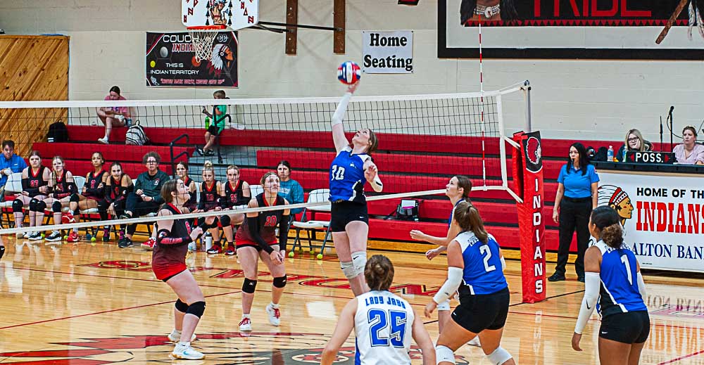 COUCH, MO – SEPTEMBER 8: Koshkonong Blue Jays player hits the ball to the other side of the net during the high school volleyball game between the Couch Indians and the Koshkonong Blue Jays on September 8, 2025, at the Couch High School Gym in Couch, Missouri. (Photo by Amanda Thomas/AltonMo.com)