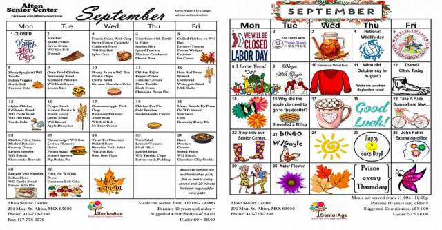 Alton Senior Center meals and activities for September 2025