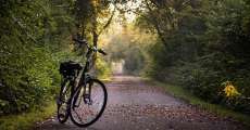 A bike sitting on a dirt road.