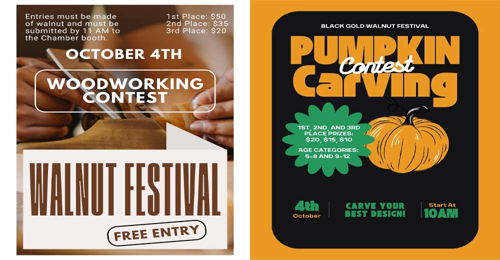 Pumpkin carving and woodworking flyers for the contests at the Walnut Festival.