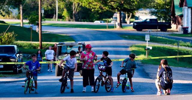 The middle-age bicycle race getting ready to start.